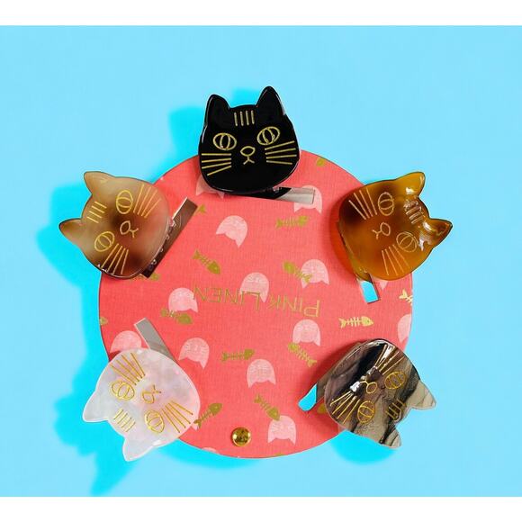 NEW Pink Linen Meow Multi Cat Black White Cats Hair Claw Clip Accessory Set of 5 - Picture 1 of 2